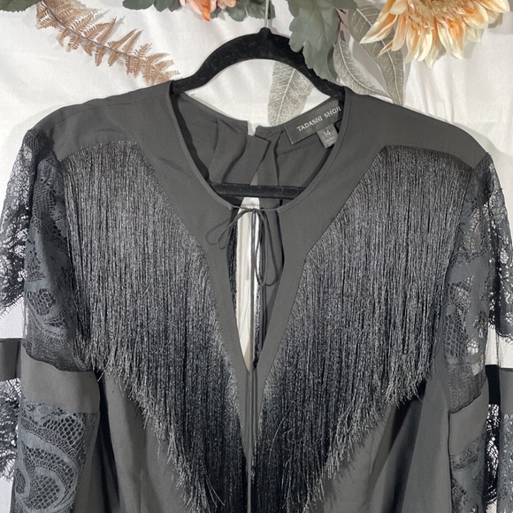 NEW Tadashi Shoji [ 14 ] Felicia Fringe & Lace Blouse Top in‎ Black - Picture 4 of 16